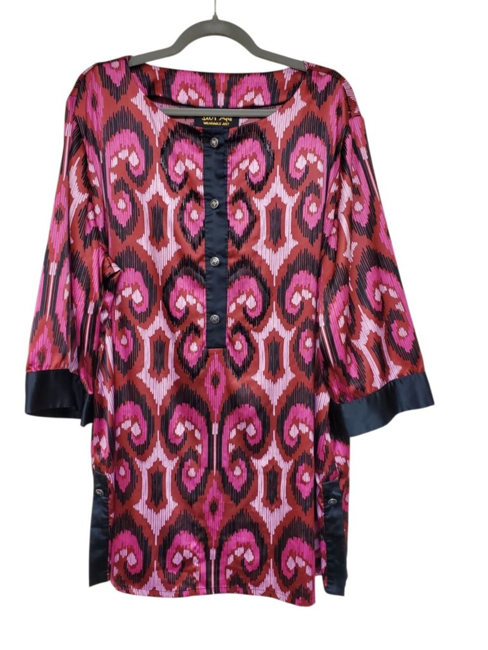 Bob Mackie Wearable Art Vintage Fuchsia Abstract Print Beaded Satin Kurta Sz XL